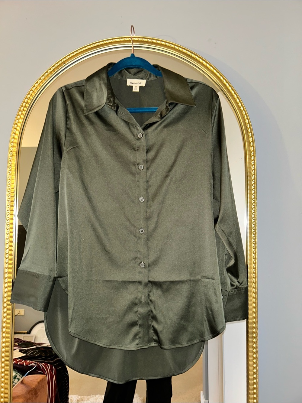 Satin Olive Green Button-Front Blouse - Classic Collar